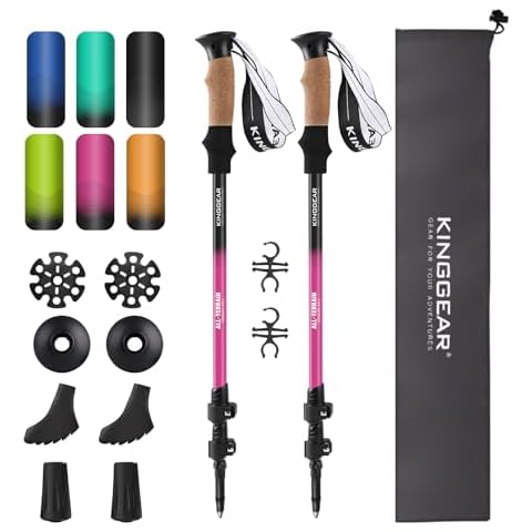 KINGGEAR Nordic Walking Stick, TP1 Hiking Poles Retractable Lightweight 7075 Aluminum, Trekking Poles with Flip Lock, Natural Cork and EVA Grip, 2pc Hiking Gear Cover