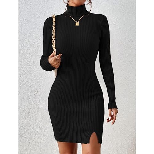 Image of GLARE & BLAIR Solid Turtle Neck Regular Fit Casual Ribbed Knit Long Sleeve Bodycon Dress for Women