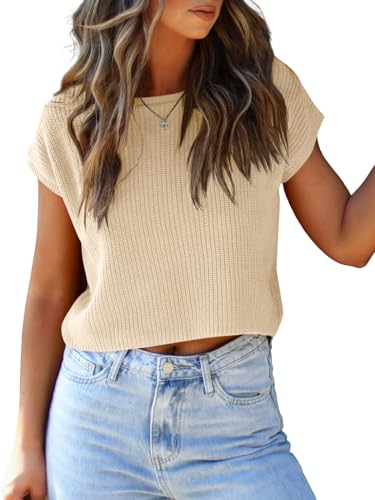 Image of LCXWFE Womens Summer Cropped Sweater Vest Trendy Cap Sleeve Crop Tops Crew Neck Loose Knit Tank Top