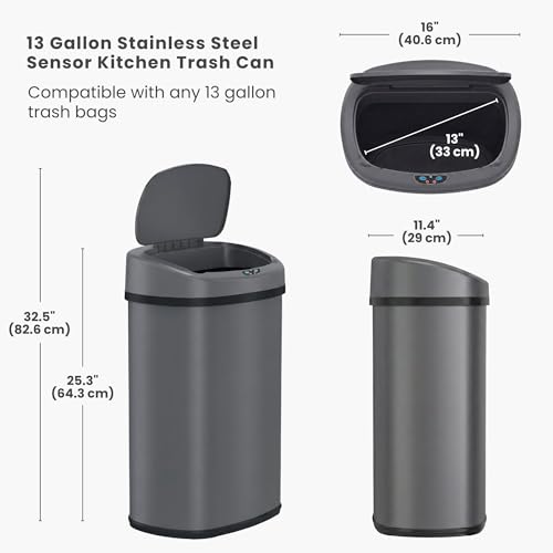 Image of iTouchless Patented 13 Gallon Motion Sensor Trash Can with Lid & AbsorbX Odor Filter | 50L Gray Stainless Steel Kitchen Garbage Bin, Fits Standard Bags, Long Battery Life, AC Adapter Compatible