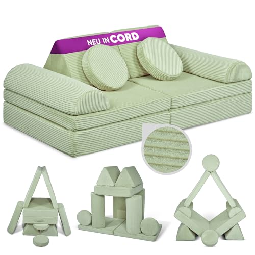 Linodino® Spielsofa Cord Fantasiewelt, Kindersofa-Bausteine - Stapelsteine für Kinder - Kindercouch, Sofa-Kuschelecke | Schaumstoff-Softbausteine | Oeko-TEX 100 Zertifiziert | Avocado Grün