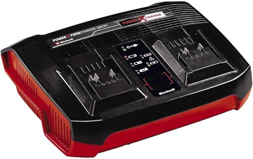 Original Einhell Ladegerät Power X-Twincharger 3A -Change (Li-Ion, gleichzeitiges Laden von 2x 18V Akkus, permanente Akkuüberwachung + int. Lademanagement, 6-fache Zustands-LED-Anzeige)