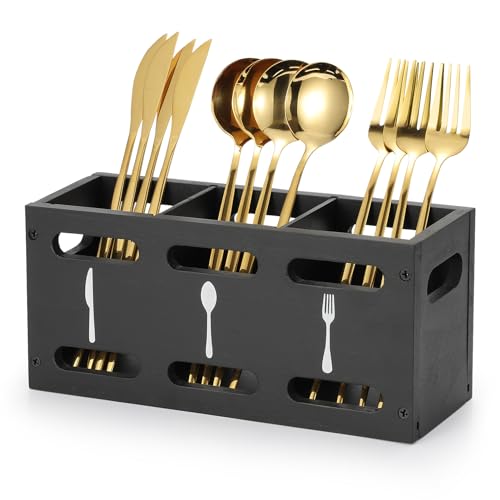 Grey Washed Mango Wood Flatware Caddy with Metal Handles - 3 Compartment Organizer Box for Silverware, Sauce Spoon, Tongs and More (BLACK)