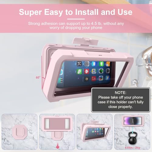 Image of URROY Shower Phone Holder Waterproof, 360 Rotation Shower Phone Case, Anti-Fog High Sensitivity Universal Cover Mount Stand for Bathroom Wall Mirror Bathtub Kitchen, Gift for Men Women Pink