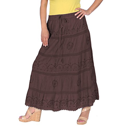 KayJayStyles Full Length Womens Solid Embroidered Gypsy Bohemian Long Cotton Skirt (Brown)