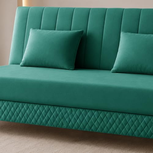 Image of Rosebell Modern 3 Seater Velvet Sofa Cum Bed with Cushion | Premium Upholstered Fabric | Tufted Backrest | Wooden Legs | Living Room Furniture | Green