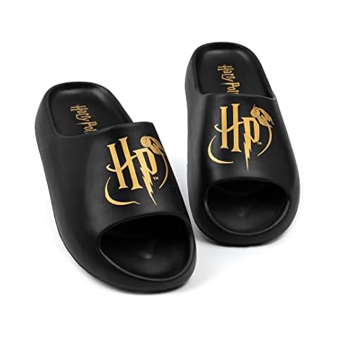 Harry Potter Sliders Damen Frauen | Schwarz geformte Sandalen Golden Snitch HP Logo | Magische Sommerschuhe Schuhe Cover