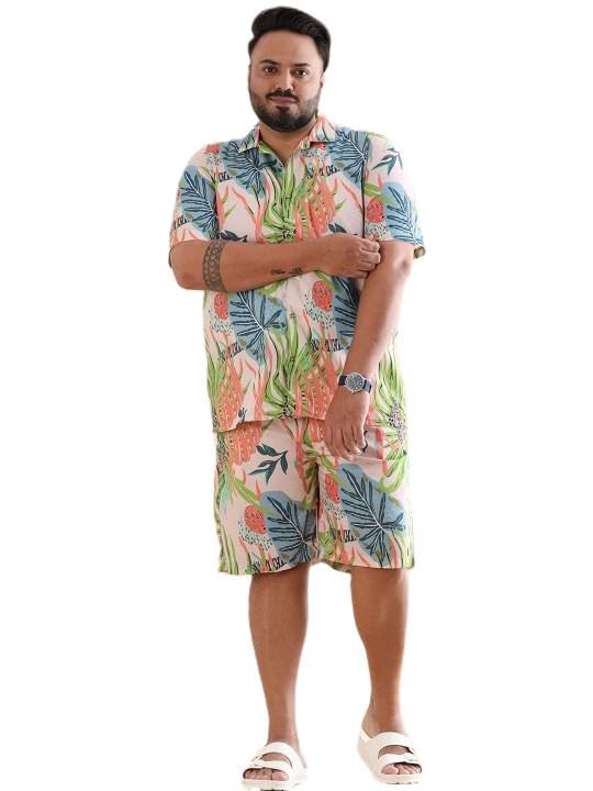 bushirt Men's Rayon Printed Comfort Casual Night Suit Set, Half Sleeve, Plus Size, Western Style, Shirt Collar, Relaxed Fit Sleepwear Peach-picture-15