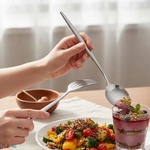 Image of Slim Handle Silver 12 Pcs Stainless Steel Cutlery Set for Dining Table, Dishwasher Safe Glossy Flatware (3 Spoon Set + 3 Forks Set + 3 Butter Knife + 3 Dessert Spoon)