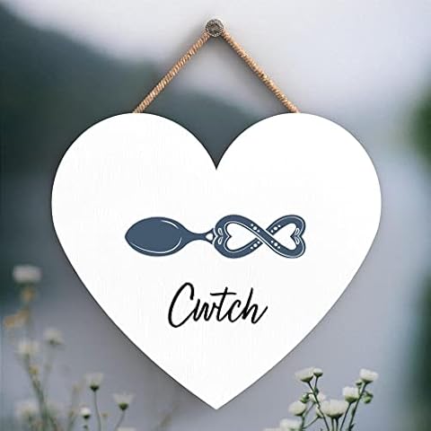 Global Designs Cwtch Cuddle Welsh Love Spoon Wooden Heart Hanging Plaque, White Grain With Uv Print Cover