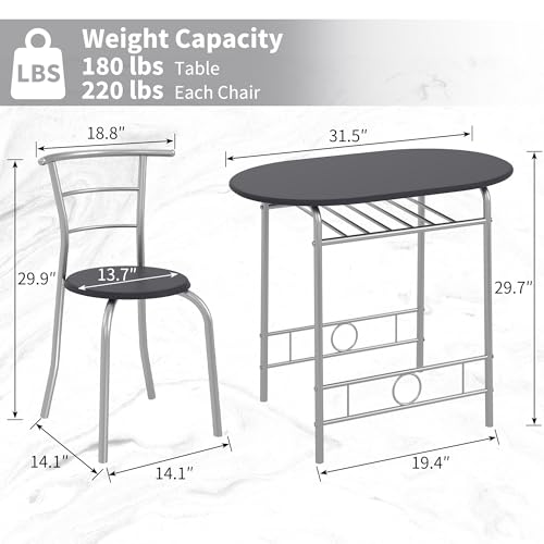 Image of VECELO 3-Piece Dining Table Set for Kitchen Breakfast Nook, Wood Grain Oval Tabletop and Metal Frame with Built-in Wine Rack, for Small Spaces, Black & Silver