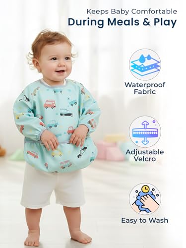 Image of POLKA TOTS Reusable Full Sleeve Baby Bibs for Infants & Toddlers | Waterproof & Washable Feeding Apron with Food Catching Pocket | Drooling Apron | Food Catcher | Clothing Protector for Boys & Girls