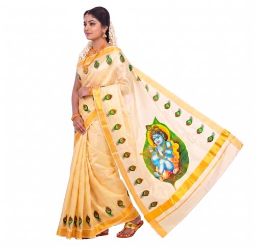 Image of Women's Mural Printed Kerala Gold Tissue Saree with Running Blouse Piece | Traditional South Indian Ethnic Saree for Festivals, Weddings & Special Occasions