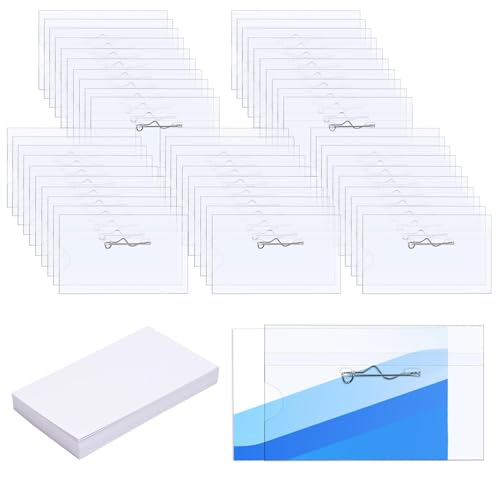 SBYURE 50 Pieces Name Badge Holders Name Tags with Pins Clear Plastic Name Tag Holder ID Badge Holders with 50 Pieces Inserts Fit Card (3.58x2.16 inch)