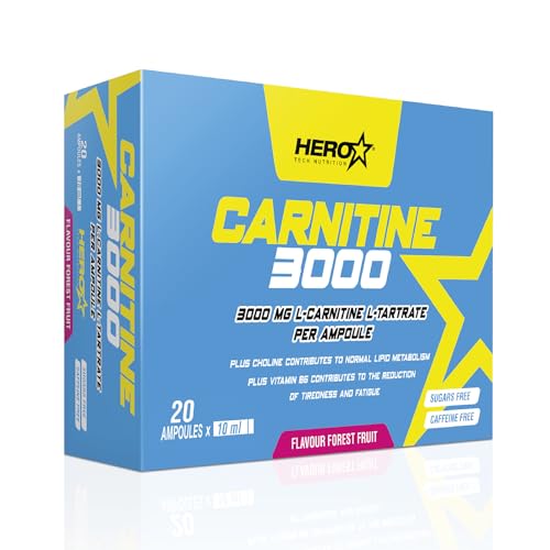 HERO TECH | CARNITINE 3000 20 viales | 2.040 mg de L-carnitina por dosis diaria | Quemagrasas | Apoyo a la pérdida de peso | Vegano (Unico, Frutas del Bosque)