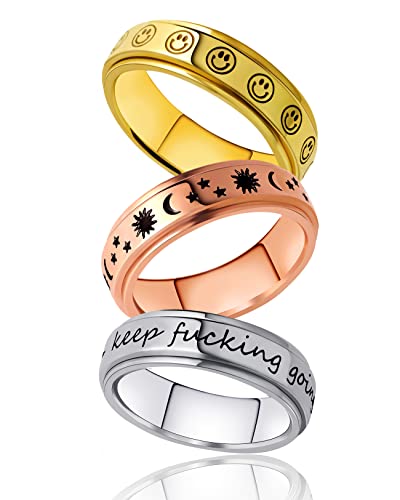 Anxiety Ring for Women Spinner Rings 3pcs Stainless Steel Band Spiny Spin Rings Set Stress Relief Items Ladies Spinning Keep Going Moon Stars Thin Fidget Anti-Anxiety Jewelry Rose Gold Silver Size 8