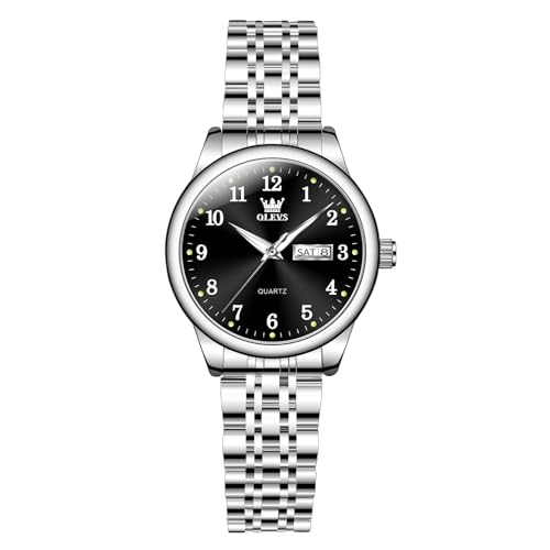 Image of OLEVS Watches Women Silver Stainless Steel Analog Casual Dress Watches for Women Elegant Black Small Wrist Arabic Numerals Dial Simplicity Watches Waterproof Luminous Day Date Ladies Watch
