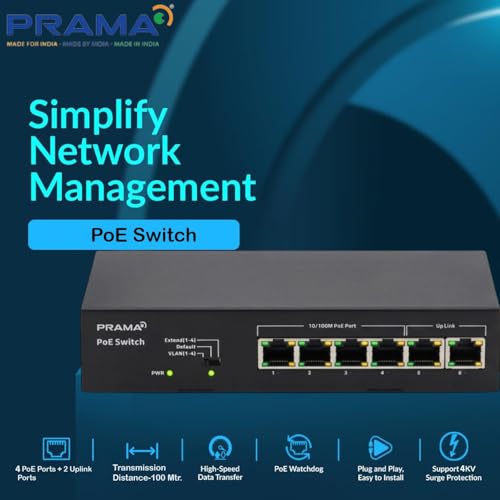 Image of Prama Prama PT-SW1U06P-E 100 Mbps Network PoE Switch, 4 PoE Ports + 2 Uplink RJ-45 Ports