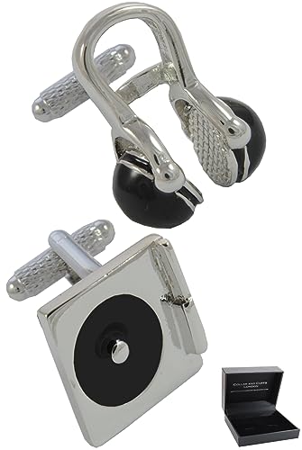 COLLAR AND CUFFS LONDON Gemelos Camisa Hombre Música - con Caja - Gemelos para Camisas - Placa Giratoria para DJ y Auriculares - Latón - Color Plata y Negro - Un Par