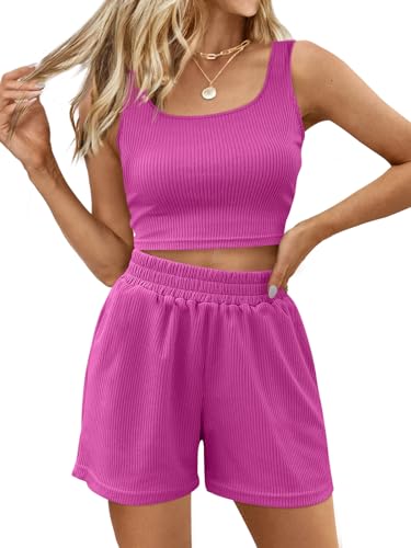 Image of Trendy Queen Two Piece Summer Outfits 2 Piece Sets 2026 Sleeveless Matching Lounge Crop Top High Waisted Short
