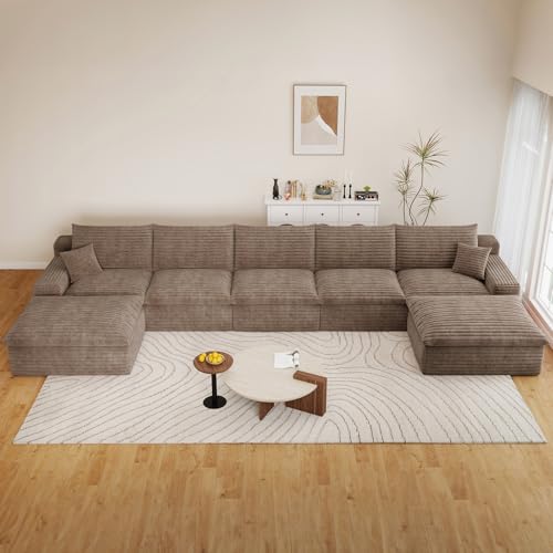 Image of 165 inch Cloud Couch Modular Sectional Sofa for Living Room, U-Shape Boneless Couch with Deep Seat, Modern Corduroy 5-Seater with Ottomans, No Assembly Required, Camel