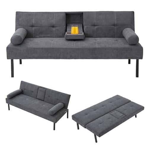 Panana 3 Seater Sofa Bed Linen Fabric Upholstered Modern Convertible Folding Futon Sofa Bed Daybed Guest Bed 5 Angles Adjustable 2 Cup-Holders (Grey)