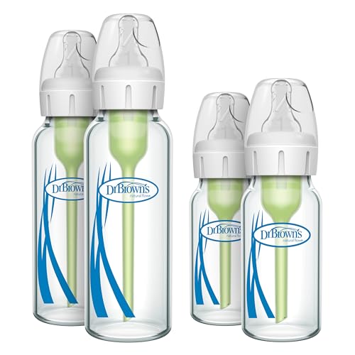 Image of Dr. Brown's Natural Flow Anti-Colic Options+ Narrow Glass Baby Bottles, Made in The USA, BPA Free, 8oz and 4oz, 0m+, 4-Pack