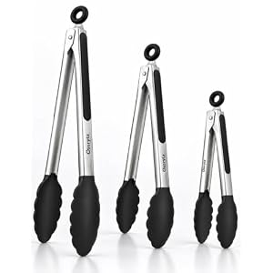 Kitchen Tongs with Silicone Tips – Heat Resistant 600°F Stainless Steel Cooking Tong Set, Non-Stick 7″ 9″ 12″ Locking Silicone Tongs for Cooking, Grilling, Serving & Baking (3-Piece, Black)