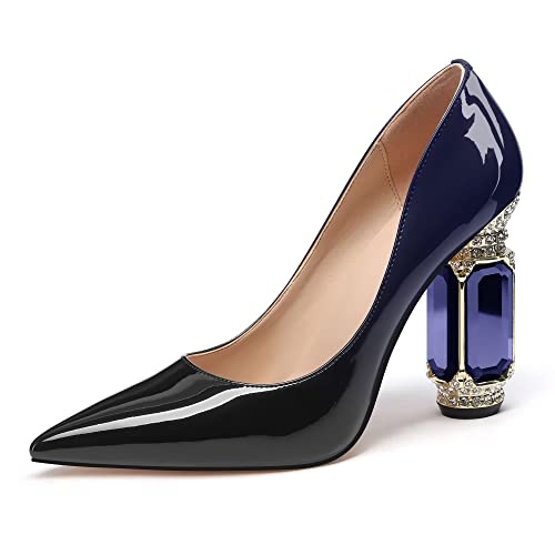 JANSEVEN Women Chunky Heels Pumps Crystal Block Heels with Rhinestones 4 Inches Pointed Toe Sexy Gradient Patent Leather Slip on Bridal Party Wedding Dress Shoes US Size 7