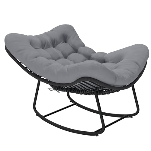 Outsunny Sedia a Dondolo da Esterno ed Interno in Rattan, Sedia a Dondolo Oversize con Cuscino Imbottito, Struttura in Metallo Zincato, Max 120 kg, per Giardino Balcone Soggiorno, Grigio Scuro