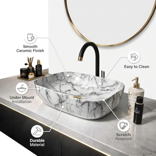 Image of Ceramic Tabletop Wash Basin - Glossy Rectangular Countertop Vessel Sink with Marble Finish for Bathroom & Vanity | Compact 18 x 13 x 5 Inch | Elegant Washbasin