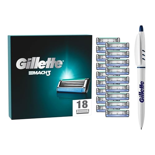 Gillette Gillette Mach 3 Rasierklingen, 18 Ersatzklingen für manuellen Rasierer, 3 Klingen, verbessertes Gleiten dank Schmierstreifen, Stift im Lieferumfang enthalten