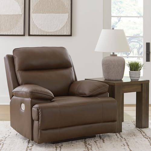 Image of Signature Design by Ashley VonRyan Power Recliner, Zero Gravity Oversized Leather Recliner with Adjustable Headrest, Living Room Chair with USB Port, Tobacco Brown
