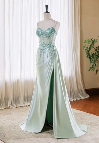 Sparkly Beaded Satin Prom Dresses with Slit Lace Appliques Spaghetti Strap Long Mermaid Evening Gown2