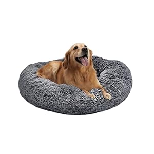 Dog Bed, Calming Donut Washable Pet Bed for Large Dogs up to 60lbs, Anti Anxiety Long Plush Faux Fur Round Dog Bed with Non-Slip Bottom