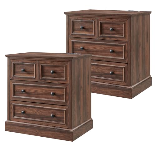 Image of ACCOHOHO 26 inch W Nightstands Set of 2, Farmhouse End Table with 4 Drawers for Storage, Nightstand with Charging Station for Bedroom, Brown