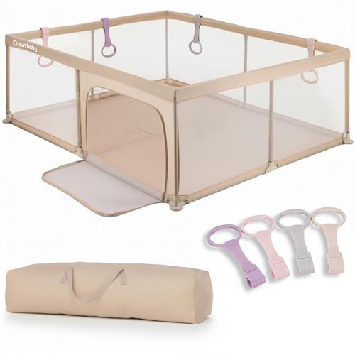 sun baby Parque Infantil con asa rosas 150x200 cm 0 2 años Beige, poliéster, paredes de malla, entrada con cremallera, pies antideslizantes, bolsa incluida, estructura metálica