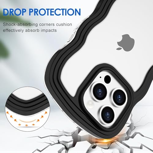 Image of GoldKart iPhone 16 Pro Max Case Wavy Edge Clear Back Design, Anti-Slip Grip Cute Wave Curly Frame Shape Shockproof Soft TPU & Hard PC Bumper Protective Phone Case Cover for Women Girls - Black