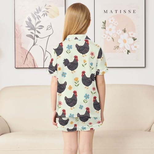 Satin Pajama Sets Short Sleeve Chicken Flowers on Light Button Down Silky Nightwear 2 Piece PJS 5-14Y4