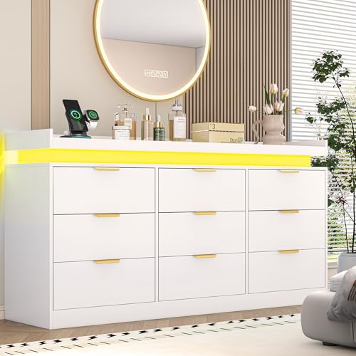 9 Drawer Dresser for Bedroom, White Dresser with LED Lights and Charging Station, Modern Chest of...