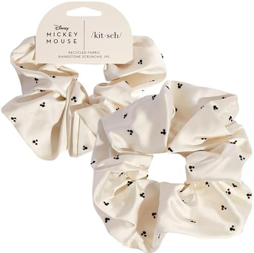 Kitsch & Mickey/Minnie Fabric Rhinestone Scrunchies for Girls and Women, Hair Scrunchies for All Hair Types, Perfect for Updo | Ideal Gifts for Women (Cream) - 1 Piece