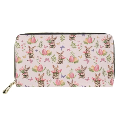 Pink Easter Bunny Egg Print Wallets for Women,PU Leather Clutch Easter Theme Cell Phone Purse Coin Pockets Wallet Card Holder Organizer with Zipper
