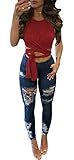 WorkTd Womens Criss Cross Bandage Wrap Crop Top Crew Neck Tie Shirts Red S