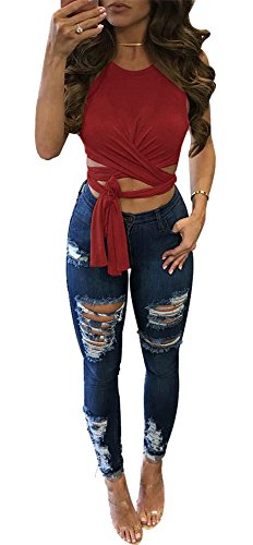 WorkTd Womens Criss Cross Bandage Wrap Crop Top Crew Neck Tie Shirts Red S