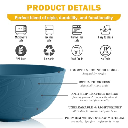 Image of Unbreakable Large Cereal Bowls 40 OZ, Wheat Straw Bowls Set of 6, Alternative Plastic Bowls for Kitchen, Outdoors, Microwave & Dishwasher Safe Bowl Set for Salad, Cereal, Soup, Ramen, Multi