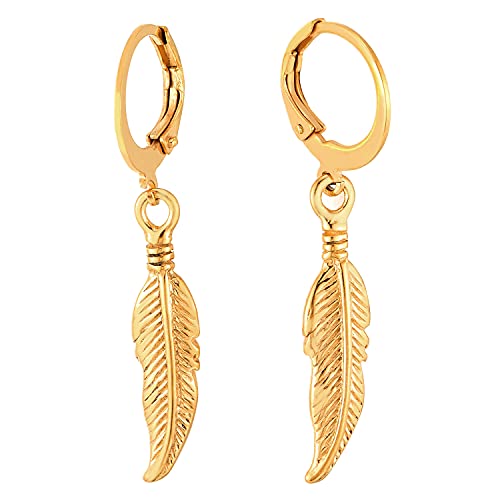 Mens Womens Stainless Steel Gold Color Huggie Hinged Hoop Earrings with Dangling Feather Leaf