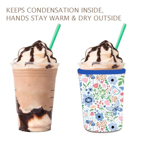 Image of Reusable 3-Pack Iced Coffee Cup Sleeve, Insulated Neoprene, Beverage Holder for Iced Coffee, Durable Drink Sleeve for Cold Beverages, Butterfly Bloom