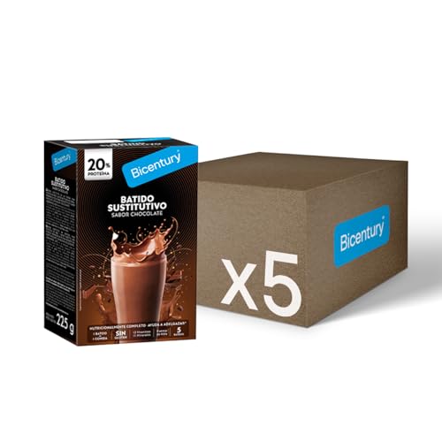 Bicentury Batido sustitutivo con Proteína sabor Chocolate, 16g de proteína por batido, nutricionalmente completo con los nutrientes necesarios para reemplazar una comida principal - Caja de 5 unidades