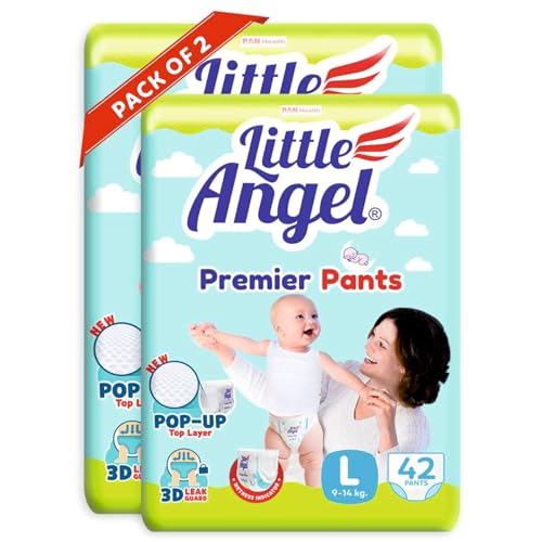 Image of Little Angel Premier Pants Baby Diapers, Large (L) Size, 84 Count, Cottony Soft Material, Breathable, Extra Dry Core, Stretchable Sides, 9-14 kgs (42 Count /pack, Pack of 2)