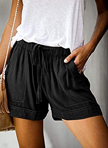 Acelitt Women Ladies Casual Summer Elastic Waist Beach Linen Sweat Shorts with Pockets Black XL - Image 3